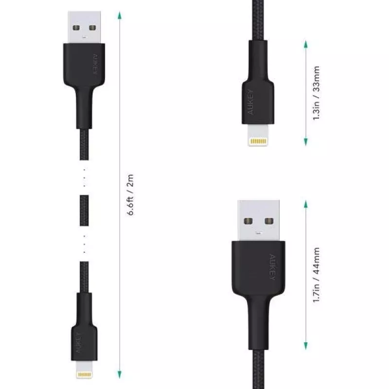 AUKEY CB-AL05 Lightning-naar-USB-A MFi-nylonkabel, 2 m, zwart