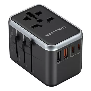 Vention reisadapter FJFB0 65W — 2× USB-C PD/PPS, 2× USB-A (QC/BC), HDMI-uitgang, aluminium/zwart