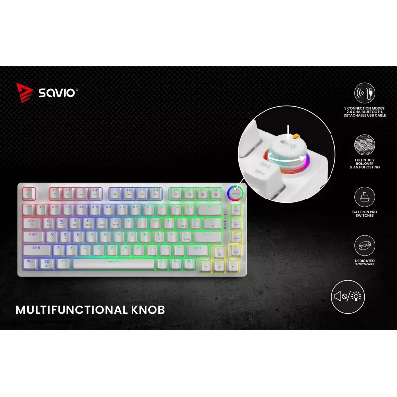 SAVIO PHENIX WHITE draadloos mechanisch toetsenbord, Gateron Red Pro, ABS