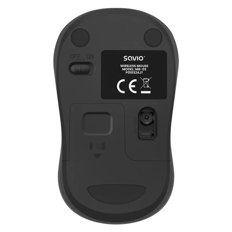 Savio MB-03 draadloze optische muis, 2,4 GHz USB-ontvanger, 1000 DPI, 3 knoppen, AA-batterij, 99x60x39 mm, 51 g, zwart