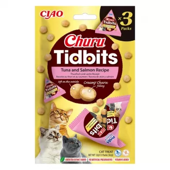 Natrivoedsel voor katten INABA Cat Churu Tidbits tonijn & zalm 3×12 g zakjes