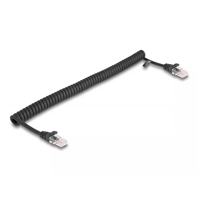 Netwerkkabel DeLOCK RJ45 spiraalkabel stekker naar stekker Cat.5e 1m zwart