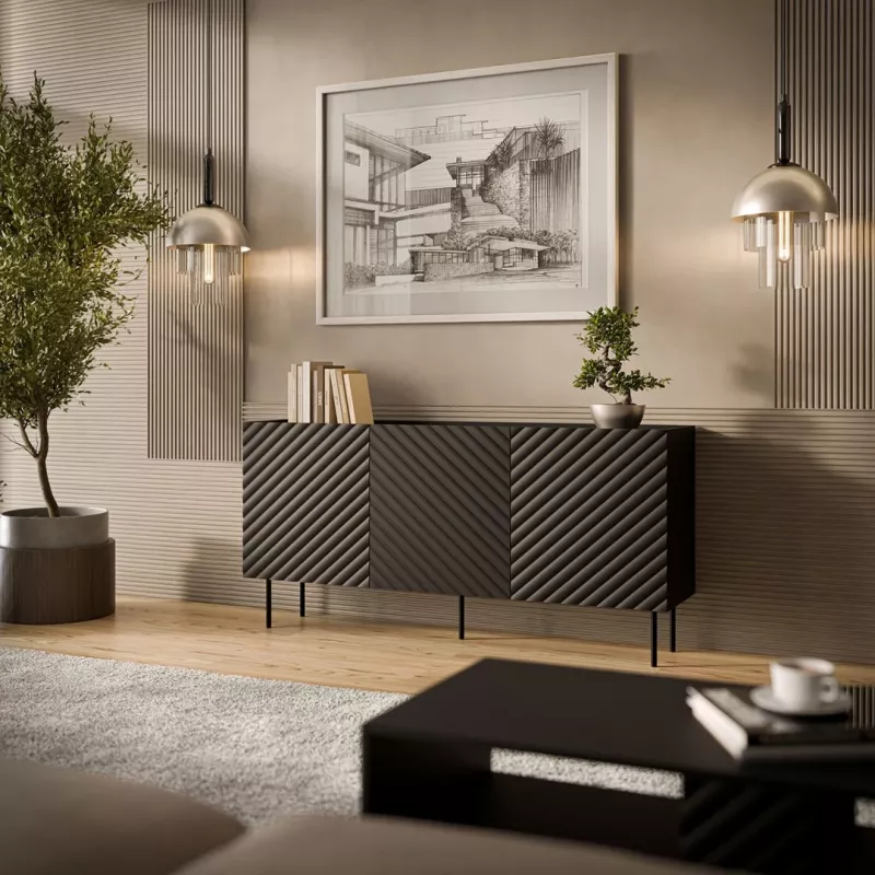 Ladekast Cama Meble LUCCA 3D 165x40x80 cm, zwart, spaanplaat corpus