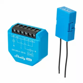 DIN-monteerbaar dubbel relais Shelly 2L Gen3, 2 kanalen, Wi-Fi/Bluetooth, 220–240V AC, 50Hz, kunststof behuizing