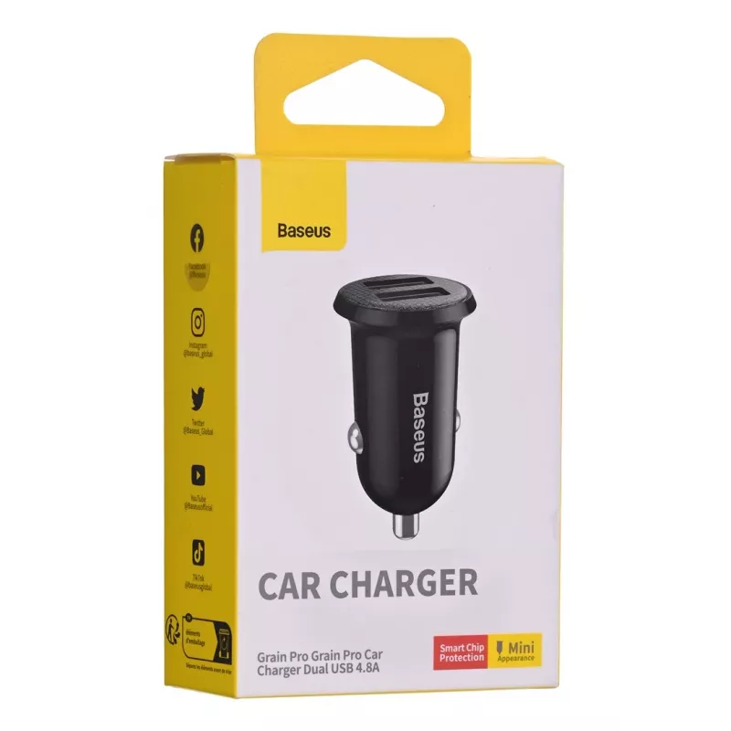 Auto-oplader Baseus Gain Pro universeel zwart – 2× USB 2.0, 2,4 A per poort, ingang 12–24 V, 5 V uitgang