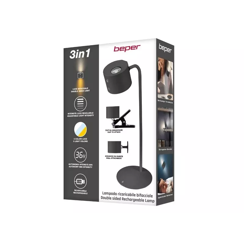 Beper P201UTP304 oplaadbare LED-lamp met magnetische voet, klem en wandbeugel, 2,3 W, dimbaar, zwart