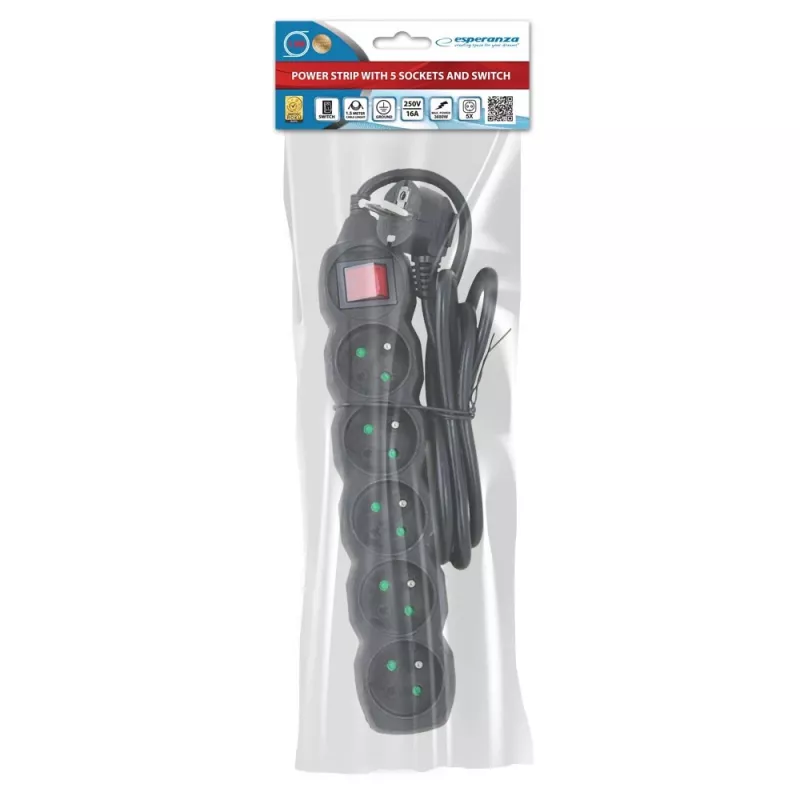 Stroomverlenging Esperanza ELK214K 1.5 m kabel 5 Type E-stopcontacten binnen zwart