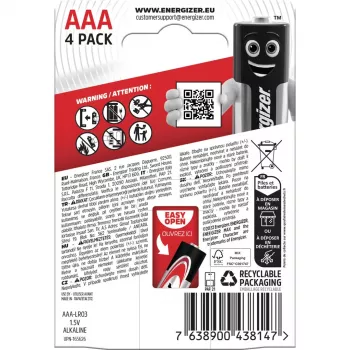 Energizer batterijen Alkaline Max AAA LR03, 4 stuks, milieuvriendelijke verpakking