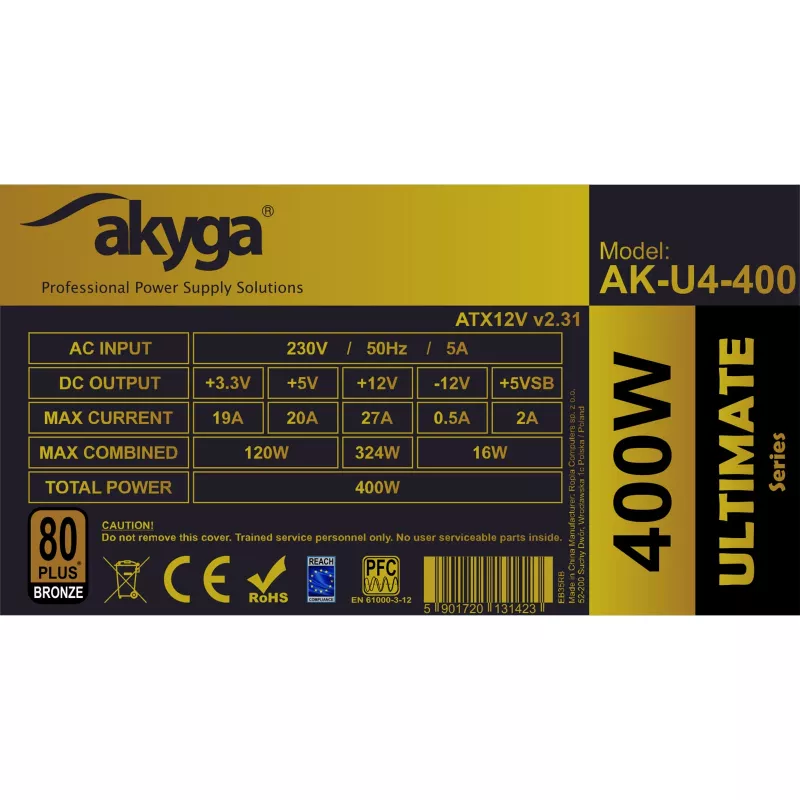 Akyga AK-U4-400 Ultimate 400 W ATX-voeding, 80 PLUS Bronze, actieve PFC, 120-mm-ventilator