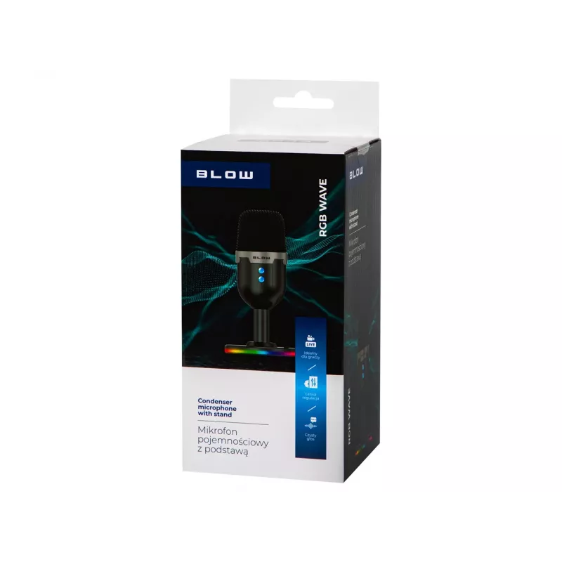 Studiomicrofoon BLOW met LED-standaard — bedraad USB 2.0, 20–16000 Hz, gevoeligheid -50 dB, 237 g