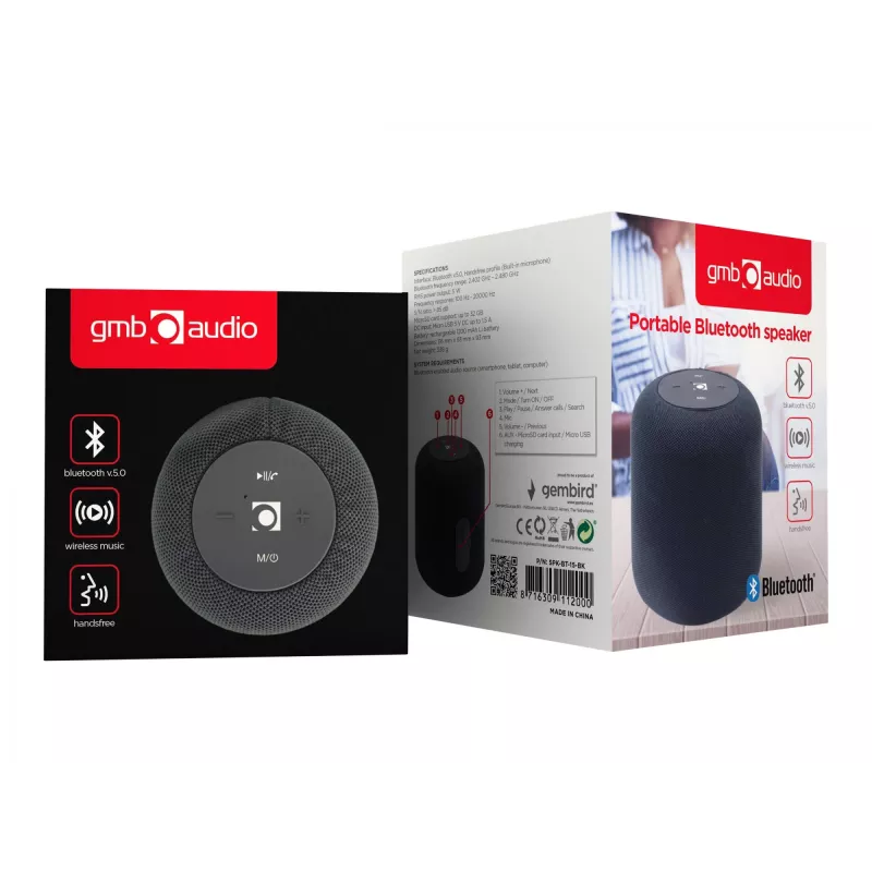 Mono draagbare luidspreker Gembird SPK-BT-15-BK — 5 W RMS, Bluetooth, microSD, 1200 mAh, zwart
