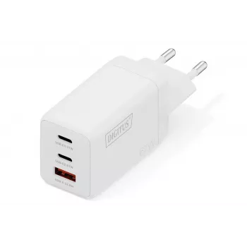 Wandoplader DIGITUS DA-10303 67W GaN, 2× USB-C + 1× USB-A, 100–240V, wit