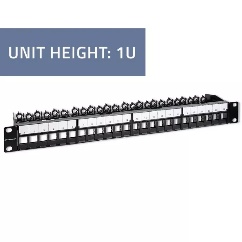Qoltec 54516 patchpaneel voor 19-inch rack, 24 poorten, 1U, UTP, zwart