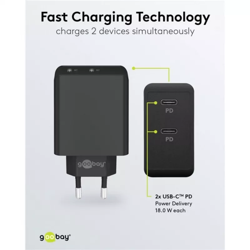 Indoorlader Goobay 61757 snelopladen USB Type-C 2 poorten zwart