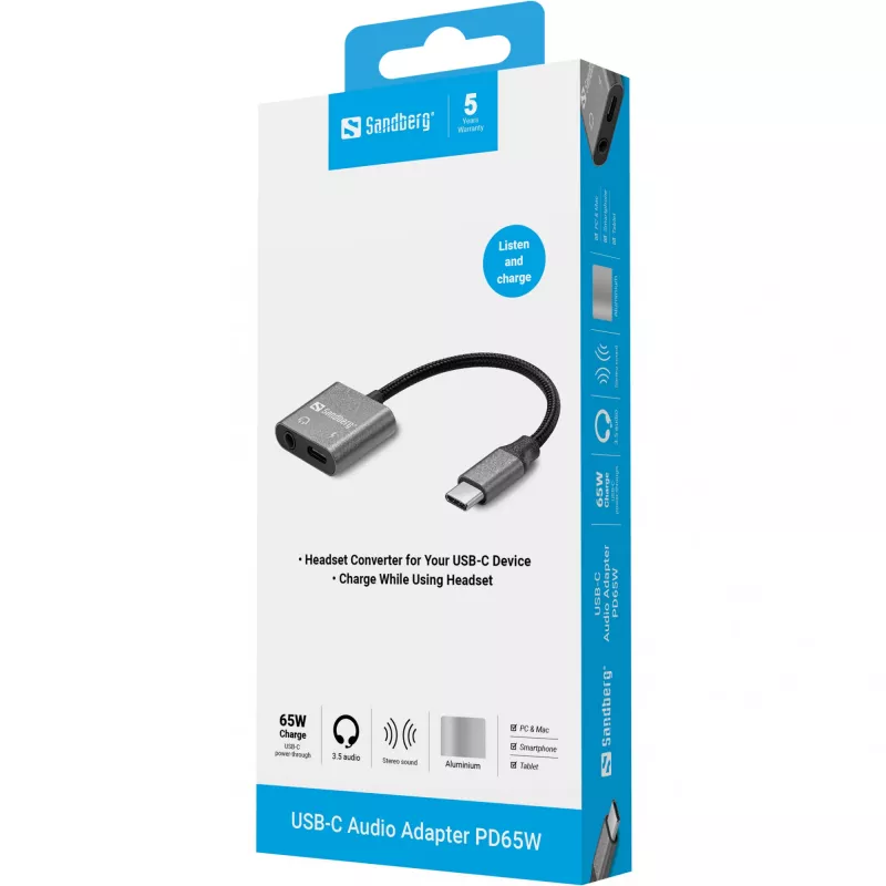 USB-C audio-adapter SANDBERG PD65W 136-67 met USB-C PD passthrough