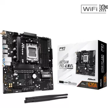 Moederbord ASRock A620AM Pro-A WiFi AM5 mATX — AMD A620, socket AM5, DDR5 tot 256 GB, Wi‑Fi 6E, 2.5Gb LAN, HDMI 2.1