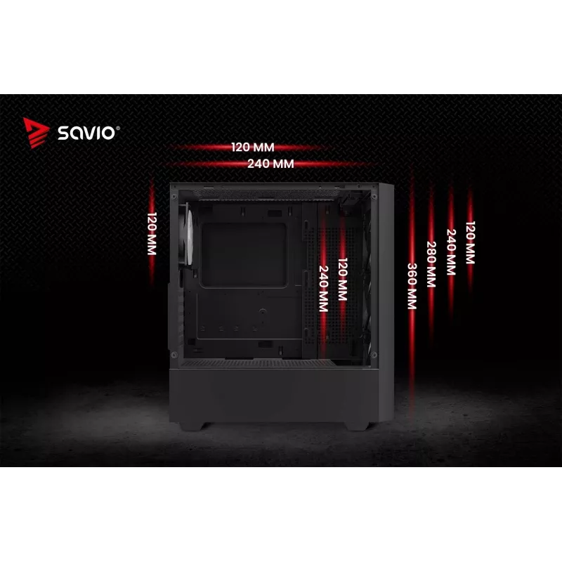 PC-behuizing SAVIO Noctis Flow RGB — Cube, ATX/Mini-ITX, 3x 120 mm frontventilatoren, zijvenster van gehard glas, max. GPU 35 cm