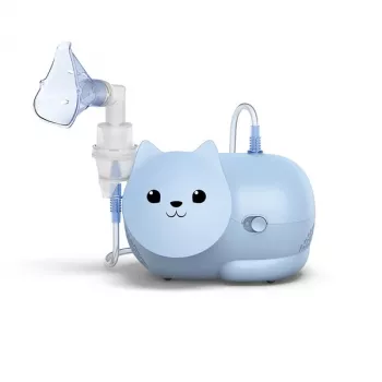 Mesh-vernevelaar Omron Nami Cat NE-C303K-KDE — tafelinhalator, 0,35 ml/min, voor kinderen en volwassenen, blauw, B235 × T148 × H157 mm