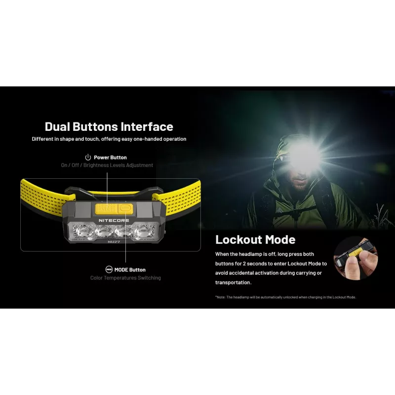 Nitecore NU27 hoofdlamp zwart, gele LED-hoofdlamp