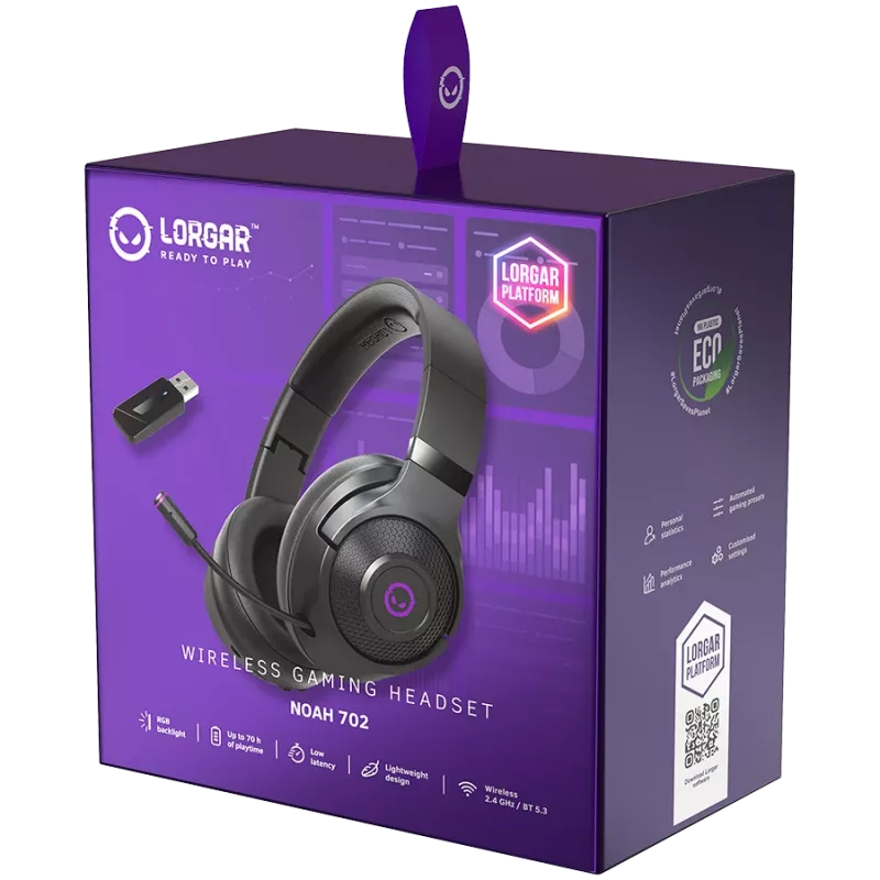 Lorgar Noah 702 (LRG-GHS702) draadloze gaming-headset, Bluetooth 5.3, USB-ontvanger, 3,5 mm AUX, 40 mm drivers, 1000 mAh, RGB, zwart