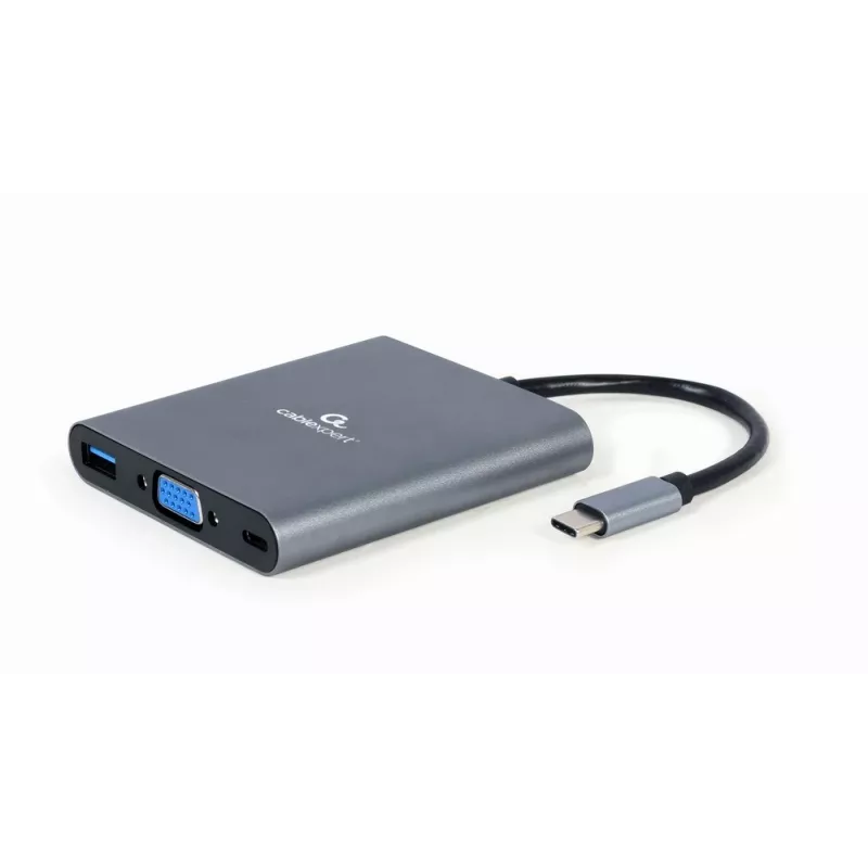 Gembird A-CM-COMBO6-01 USB-C 6-in-1 multipoortadapter, USB 3.1 Gen 1, HDMI 4K, VGA, PD 60 W, SD/microSD-kaartlezer, 3,5 mm audio, grijs