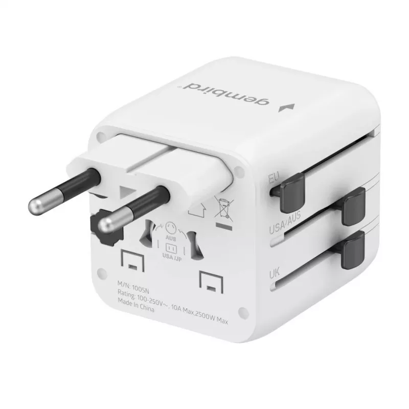 Universele reisadapter GEMBIRD TPA-INT-01-W — ingang 100–250 V, Type-G stekker, compacte afmetingen 84×56×85 mm