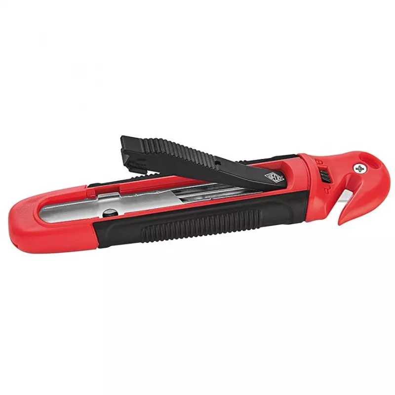 WEDO 78805 veiligheidsmes Standard, trapeziumvormig mes, automatische mesterugtrekking, veiligheidsvergrendeling, incl. foliesnijder, zwart/rood