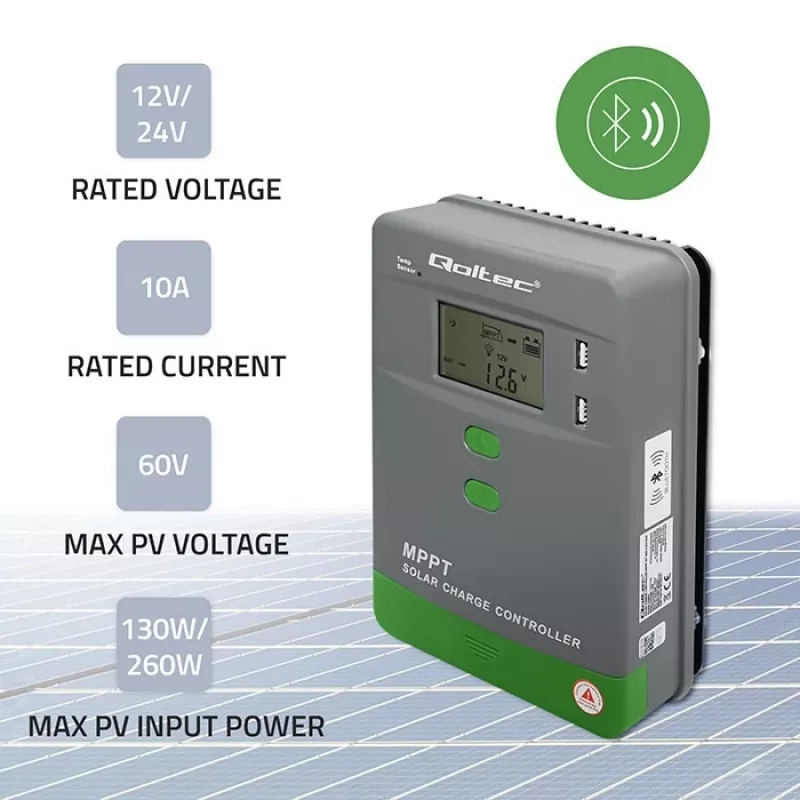 MPPT solar laadregelaar QOLTEC 10A voor 12V/24V systemen met LCD-display