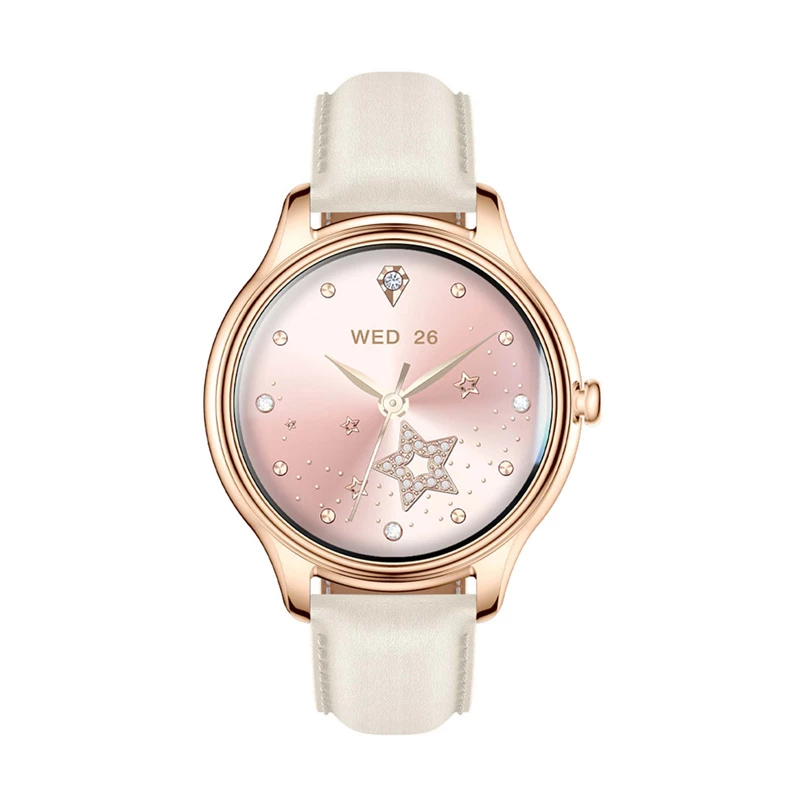 Smartwatch Colmi L28 met gouden behuizing en gouden lederen band