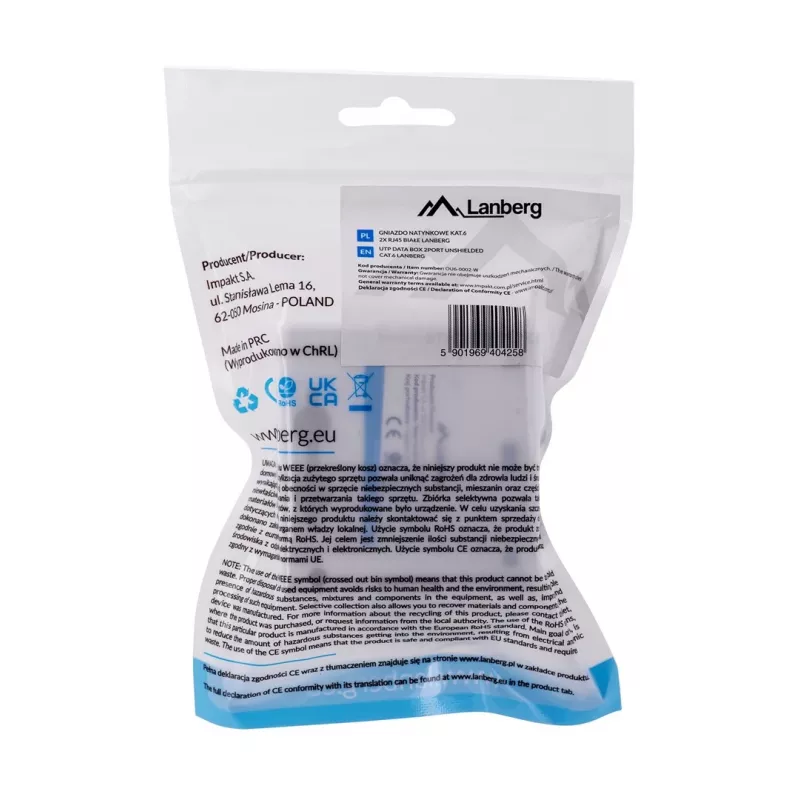 LANBERG opbouwdoos RJ-45 Cat6 OU6-0002-W wit, 2 bussen, 30×54×57 mm