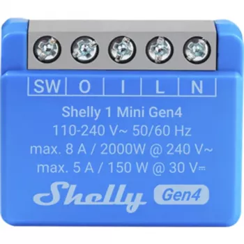 Slimme schakelaar Shelly 1 Mini Gen4 1P draadloos 110–240 V 50–60 Hz 1,2 W Bluetooth Wi‑Fi ZigBee 34×16×29 mm