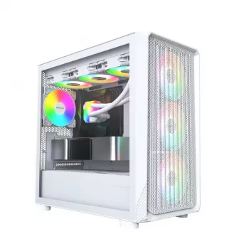PC-behuizing Montech X5M (W) micro tower, wit — micro-ATX/mini-ITX, ondersteunt ATX-voedingen, 3x120 mm voor, 1x120 mm achter, 2x 3,5-inch bays, 4x 2,5-inch bays