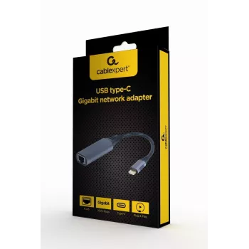Netwerkadapter Gembird A-USB3C-LAN-01 Type-C USB 3.2 Gen 1, Gigabit RJ-45, 0,15 m kabel, metalen behuizing, grijs/zwart