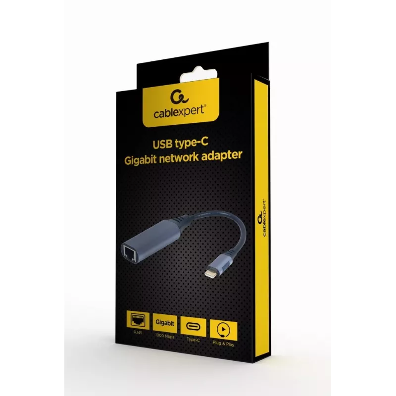 Netwerkadapter Gembird A-USB3C-LAN-01 Type-C USB 3.2 Gen 1, Gigabit RJ-45, 0,15 m kabel, metalen behuizing, grijs/zwart
