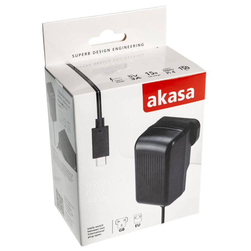 Indoor AC snellader Akasa AK-PK15-02CM — 15W, USB-C 3A, 1,5 m kabel, zwart