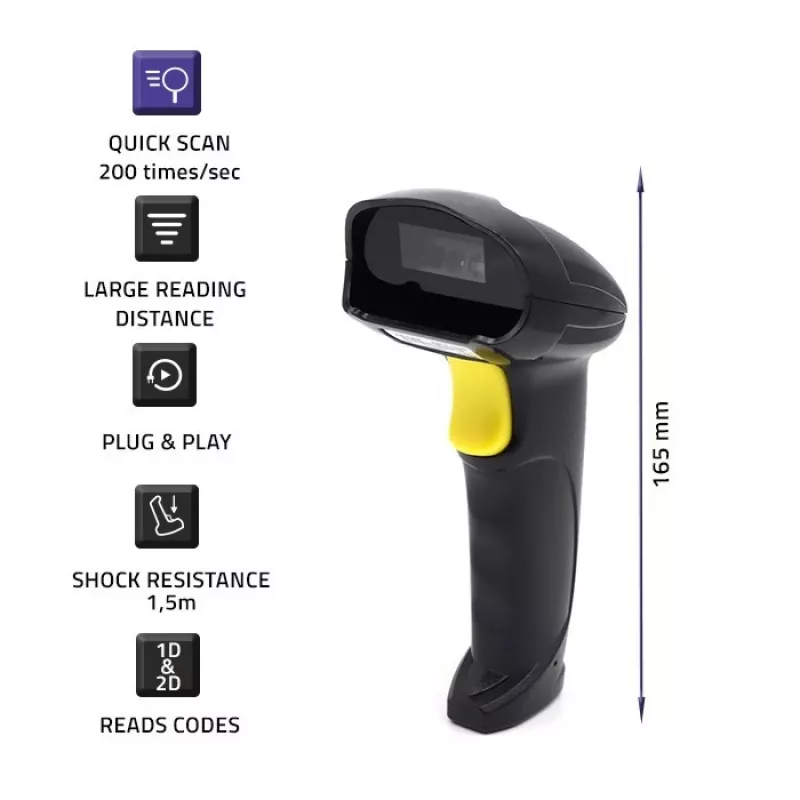 Qoltec 50853 handheld laser-barcodescanner 1D/2D, bedraad USB, 1,65 m kabel, 97x65x167 mm, 105 g, zwart