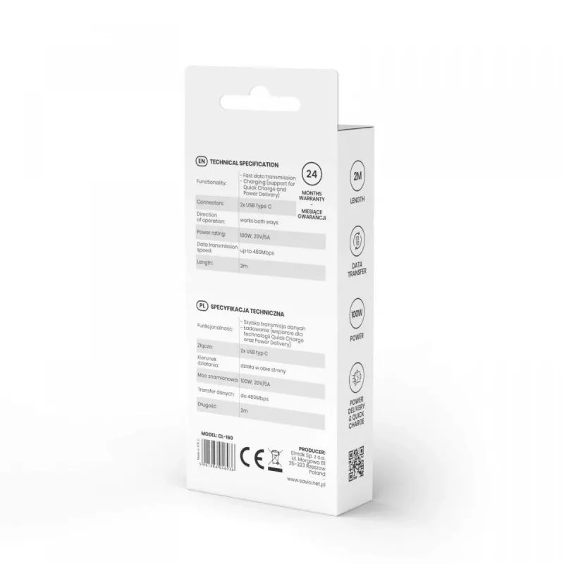 Savio CL-160 USB-kabel 2 m USB 2.0 USB C - USB C zwart