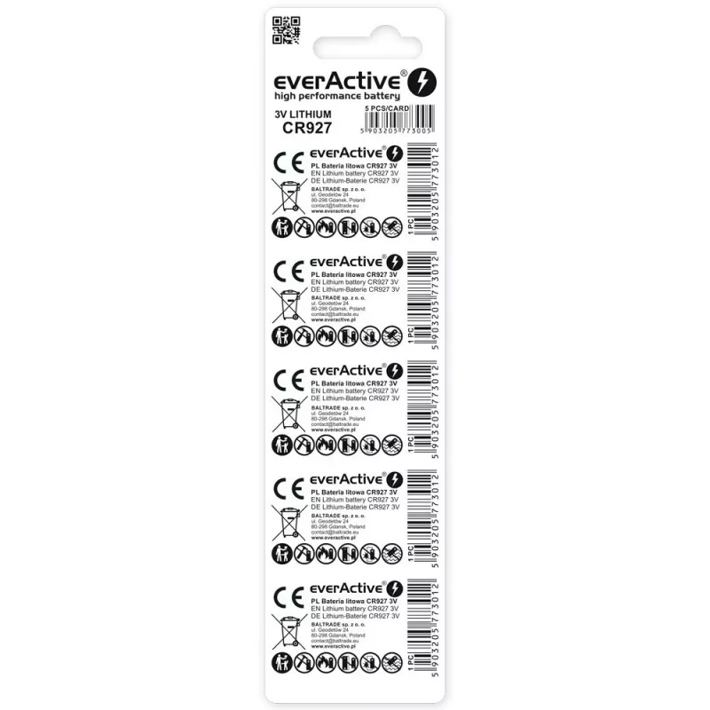 Lithium knoopcel everActive CR927 3V, 30 mAh, knoopcel, hoogte 2,7 mm — 5-pack
