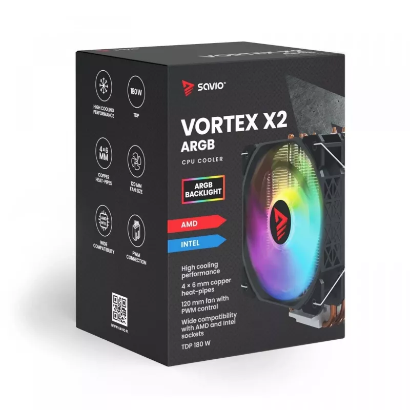 CPU-luchtkoeler SAVIO SAVGCOVORTEXX2ARGB met 4 heatpipes, 120-mm-ARGB-ventilator, zwart