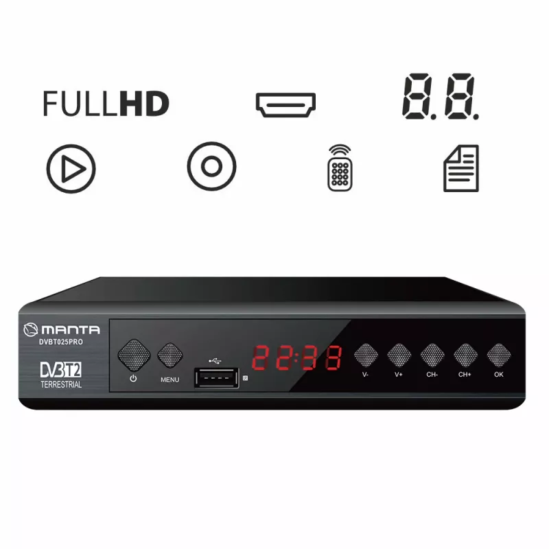 Digitale tv-receiver MANTA DVBT025PRO DVB-T2 full-hd-ondersteuning USB-opname