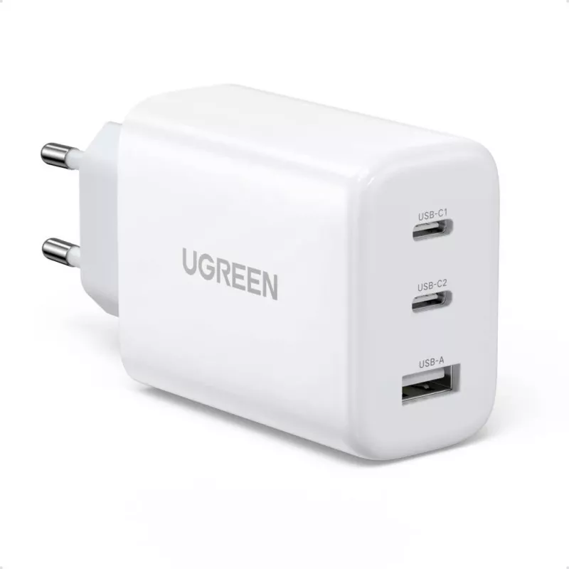 Wandlader UGREEN CD275 2× USB Type-C 65W wit — dual-USB-C 65W snelladen, 100–240V ingang