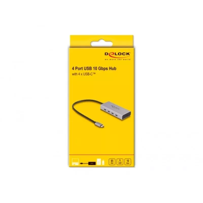 DELOCK USB hub 10 Gbps Type-C 4 poorten PD 85W 30cm kabel