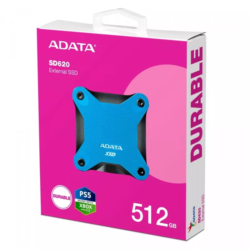 Externe SSD ADATA SD620 512 GB, USB 3.2 Gen 2 Micro-USB B, blauw, siliconen behuizing, schokbestendig