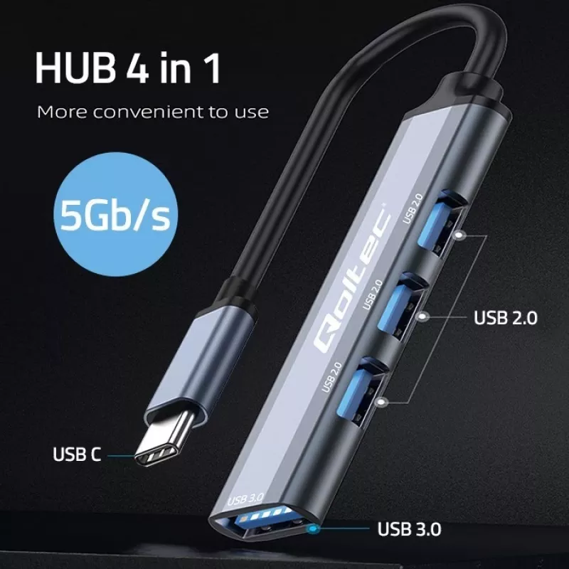 USB-hub QOLTEC 53792, USB-C 3.1 naar 4 poorten (USB 3.0 x1, USB 2.0 x3)
