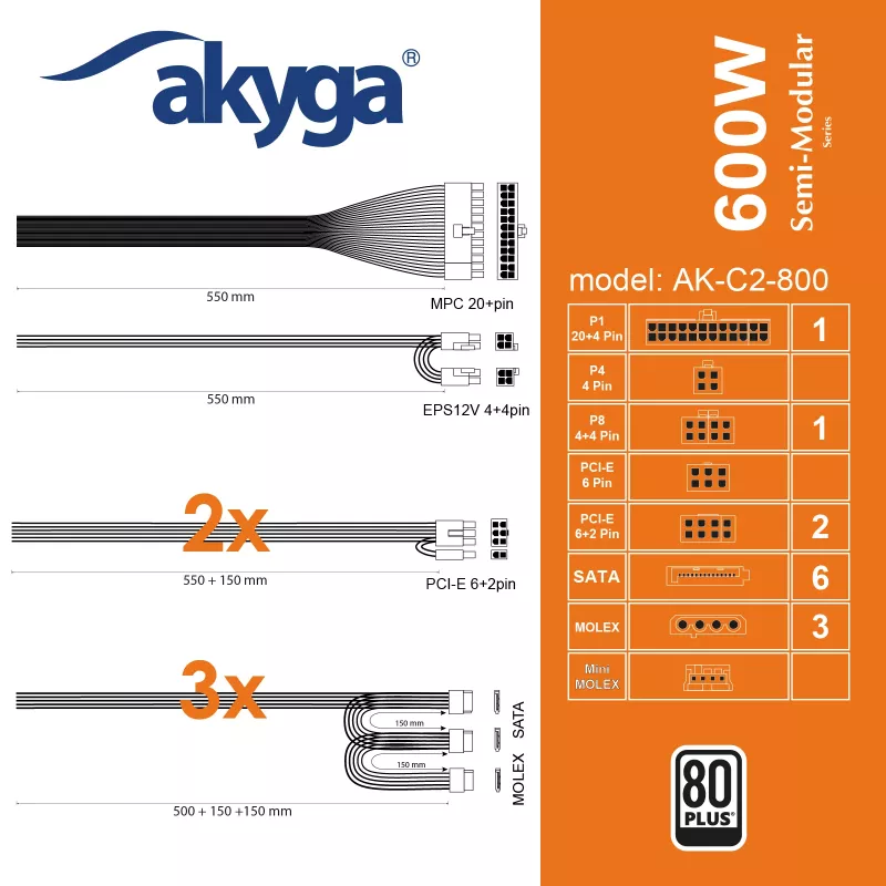 Akyga AK-C2-800 Classic 800 W ATX-voeding, semi-modulair, actieve PFC, 120-mm ventilator