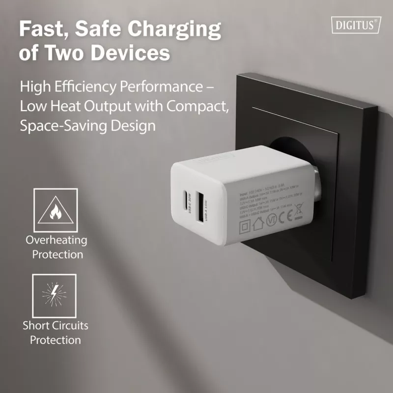 AC indoor USB GaN-oplader DIGITUS DA-10301 — 30W, 1× USB-C, 1× USB-A, 100–240V, wit