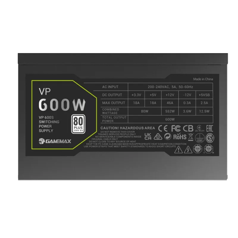 Gamemax voeding, 80 PLUS, Standard | VP 600S | 600 W