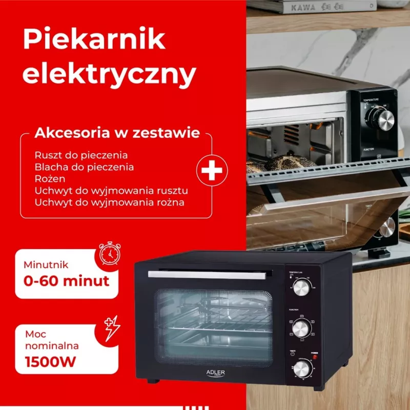 Elektrische compacte tafeloven Adler AD 6026 – 48 l inhoud, 1800 W, vrijstaand, mechanische timer