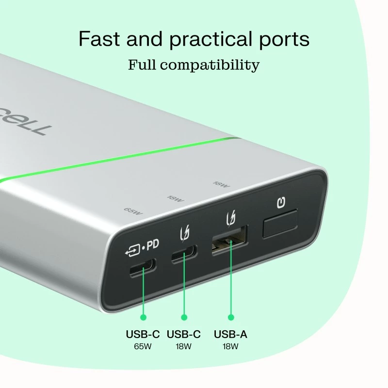 Draagbare accu Green Cell BPLGC20P 20800 mAh lithium-ion, USB-C PD 65W, 2x USB-C + 1x USB-A, aluminium behuizing