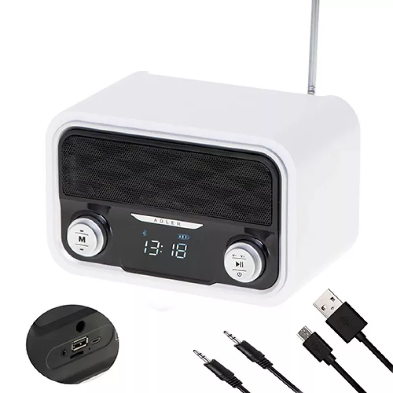 Draagbare radio Adler AD 1185 – FM, Bluetooth 4.0, MP3, SD-kaart, AUX, 1800 mAh accu, lcd-display, micro-USB-laden